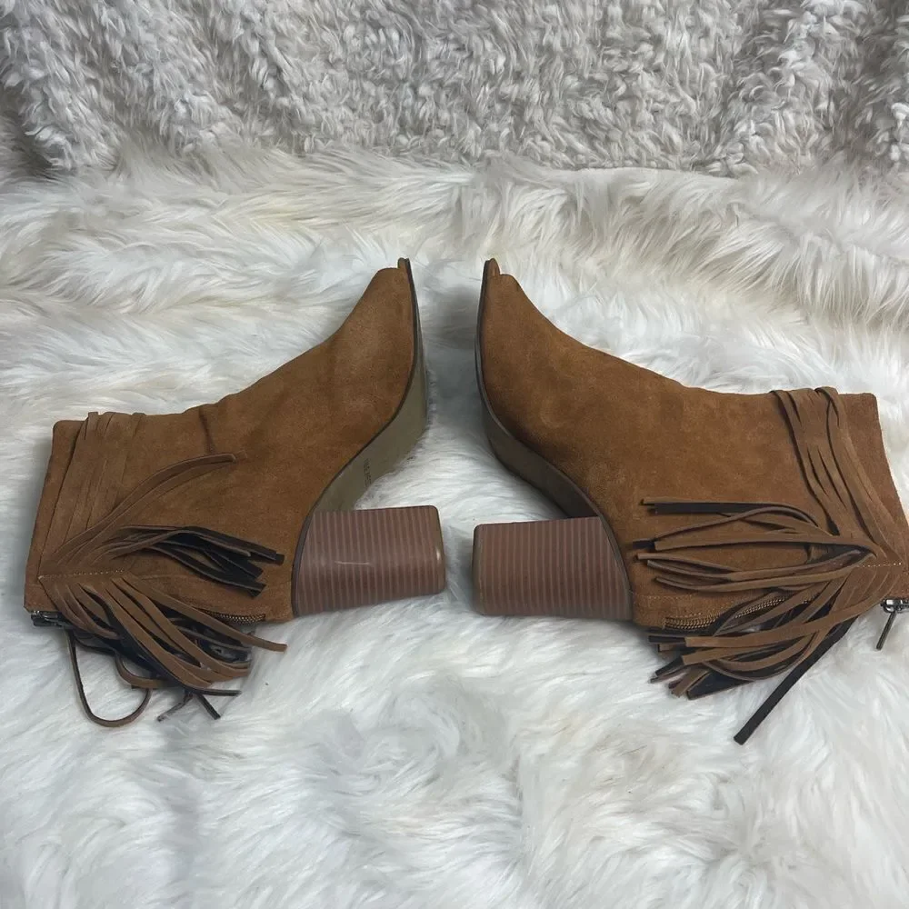 Nine West leather suede Brown Fringe ankle Boots Peep toe back zipper SZ9.5M